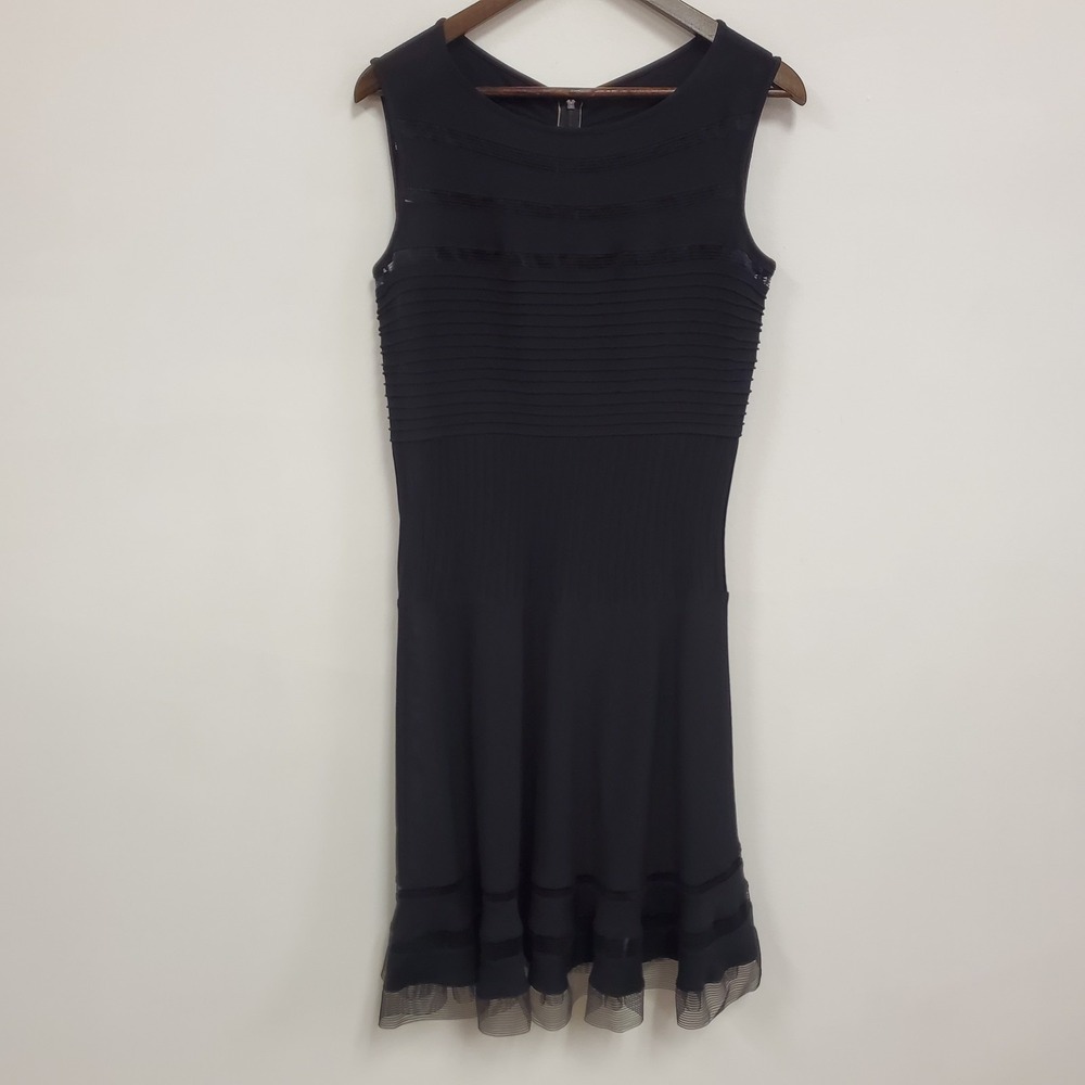 Tadashi Shoji Womens Sleeveless‎ Event Tiered Midi Dress Size L Black Cocktail